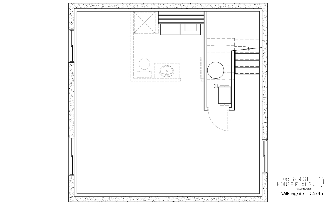 Basement - Small 2 bedroom modern style cabin design with mezzanine and cathedral ceiling, affordable construction - Willowgate