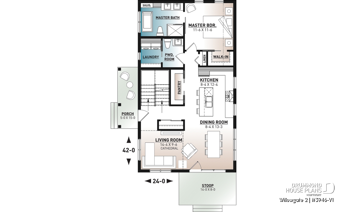 1st level - Modern Scandinavian Cottage Home Plan, 3 Beds, Master Suite on Main Floor, Lots of Natural Light, Mezzanine - Willowgate 2