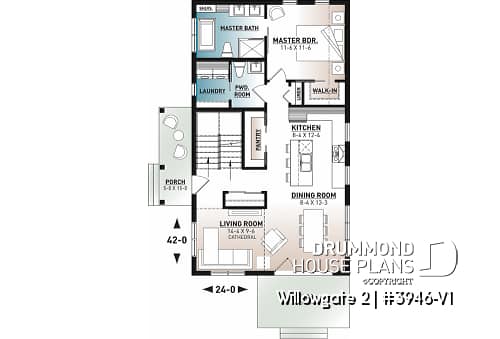 1st level - Modern cottage house plan, 3 bedrooms, master suite on main floor, lots of natural light, mezzanine - Willowgate 2