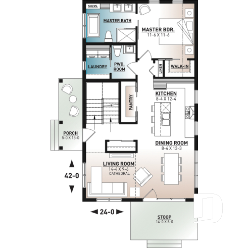 1st level - Modern Scandinavian Cottage Home Plan, 3 Beds, Master Suite on Main Floor, Lots of Natural Light, Mezzanine - Willowgate 2