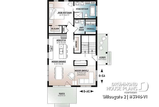1st level - Modern cottage house plan, 3 bedrooms, master suite on main floor, lots of natural light, mezzanine - Willowgate 2
