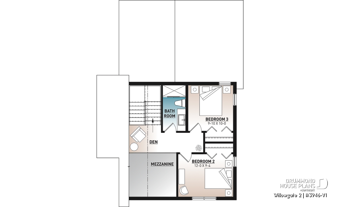 2nd level - Modern Scandinavian Cottage Home Plan, 3 Beds, Master Suite on Main Floor, Lots of Natural Light, Mezzanine - Willowgate 2