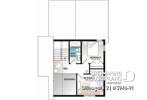 2nd level - Modern cottage house plan, 3 bedrooms, master suite on main floor, lots of natural light, mezzanine - Willowgate 2
