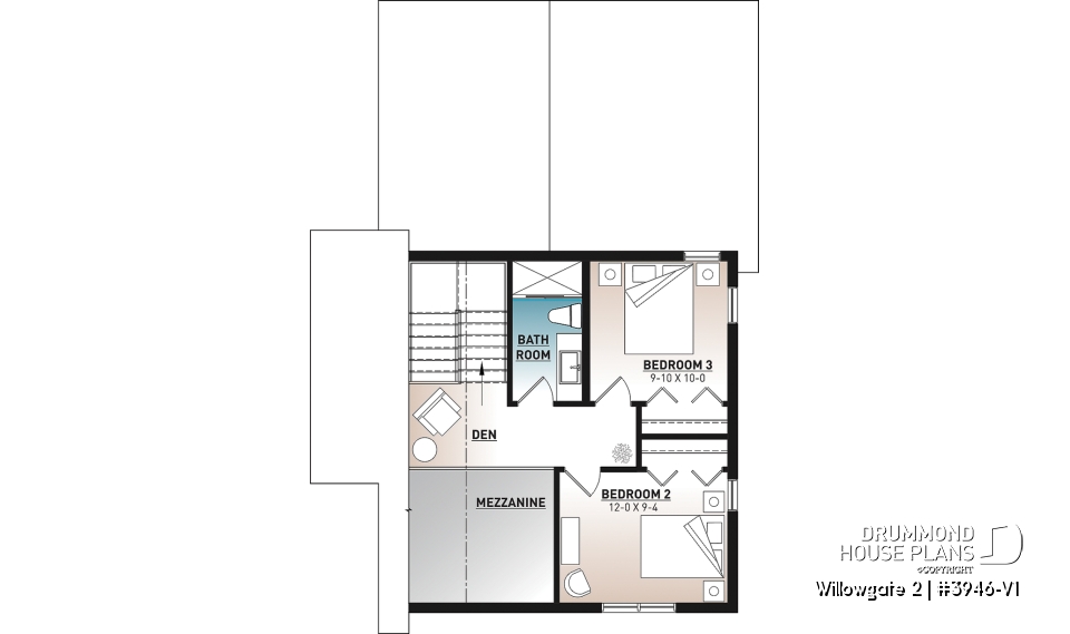 2nd level - Modern Scandinavian Cottage Home Plan, 3 Beds, Master Suite on Main Floor, Lots of Natural Light, Mezzanine - Willowgate 2
