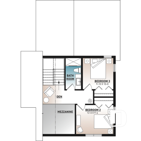 2nd level - Modern Scandinavian Cottage Home Plan, 3 Beds, Master Suite on Main Floor, Lots of Natural Light, Mezzanine - Willowgate 2