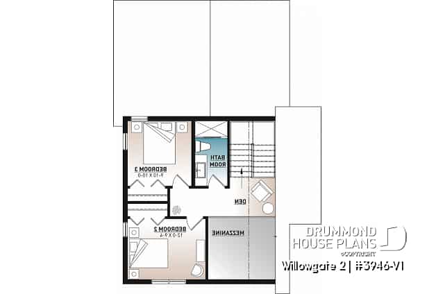 2nd level - Modern cottage house plan, 3 bedrooms, master suite on main floor, lots of natural light, mezzanine - Willowgate 2