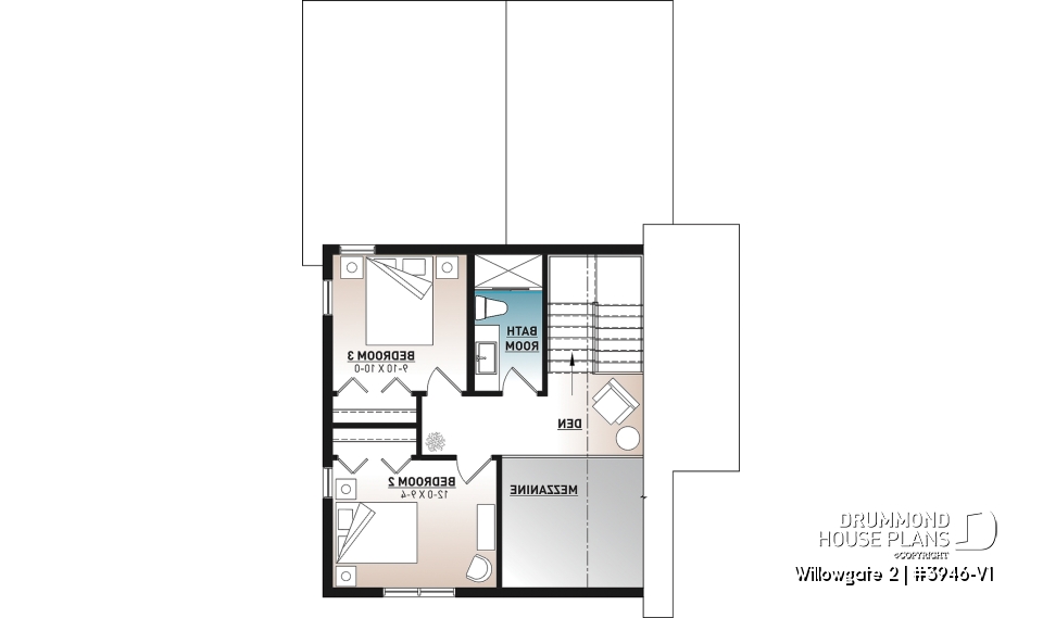 2nd level - Modern Scandinavian Cottage Home Plan, 3 Beds, Master Suite on Main Floor, Lots of Natural Light, Mezzanine - Willowgate 2