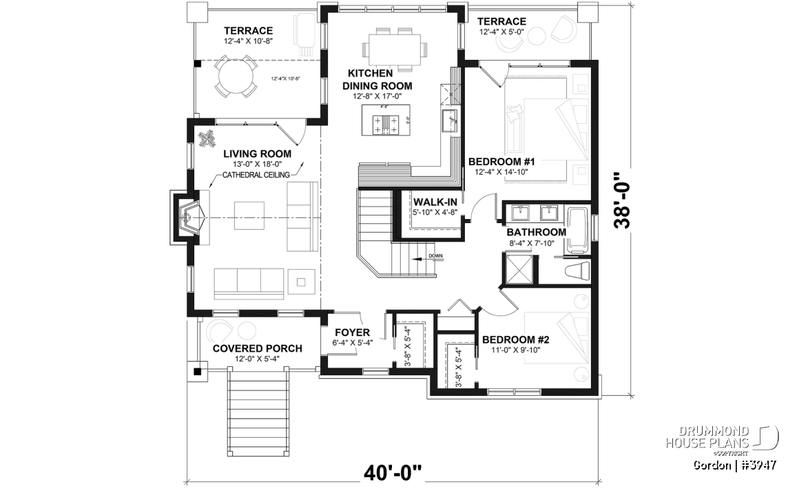 1st level - Walkout Basement Ranch House Plan, 2 to 4 bedrooms and large patio - Gordon