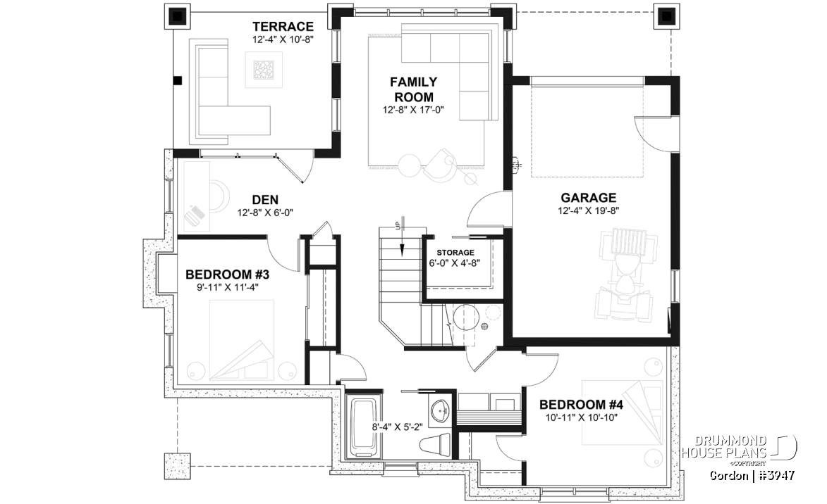 Finished basement - Walkout Basement Ranch House Plan, 2 to 4 bedrooms and large patio - Gordon
