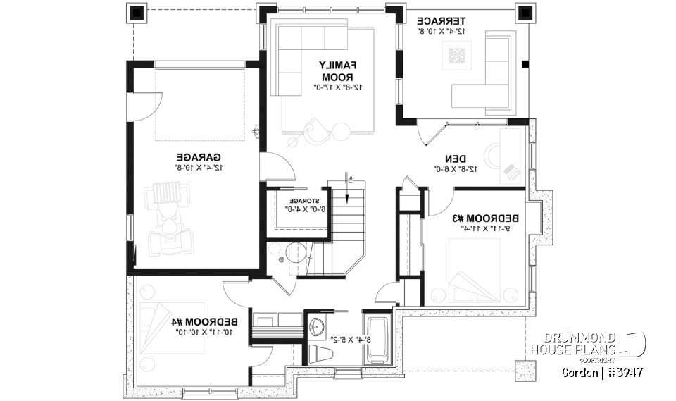 Finished basement - Walkout Basement Ranch House Plan, 2 to 4 bedrooms and large patio - Gordon
