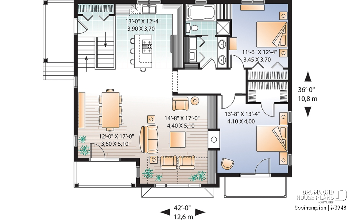 1st level - Panoramic 4 bedroom lakefront or mountain house plan, reverse floor plans, 2-car garage - Southampton