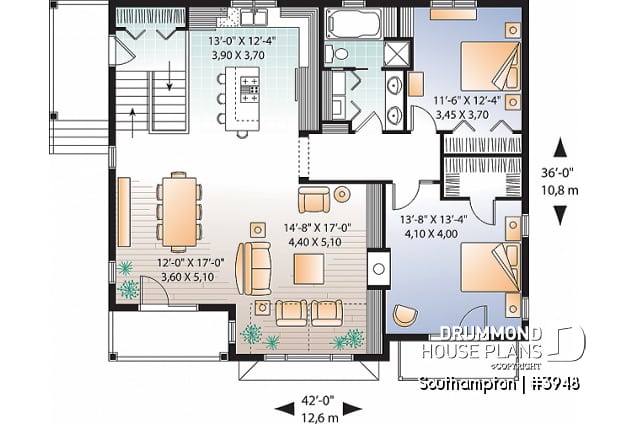 1st level - Panoramic 4 bedroom lakefront or mountain house plan, reverse floor plans, 2-car garage - Southampton