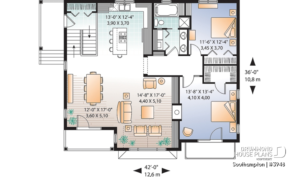 1st level - Panoramic 4 bedroom lakefront or mountain house plan, reverse floor plans, 2-car garage - Southampton