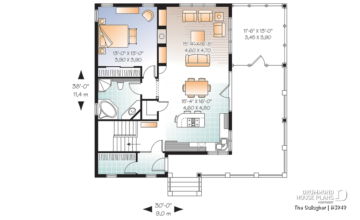 1st level - Country cottage waterfront house plan w/ covered screened-in porch, one bedroom, unfinished daylight basement - The Gallagher