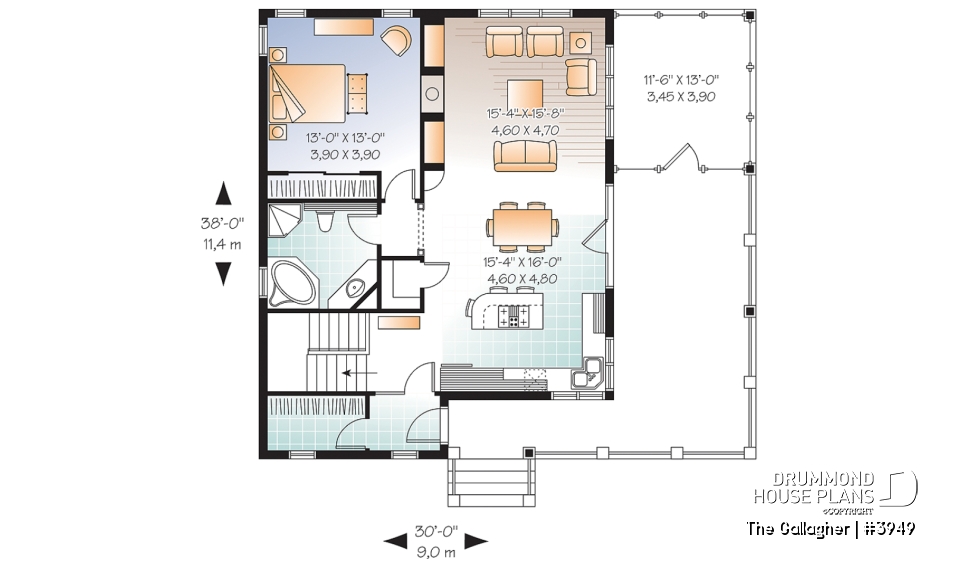 1st level - Country cottage waterfront house plan w/ covered screened-in porch, one bedroom, unfinished daylight basement - The Gallagher