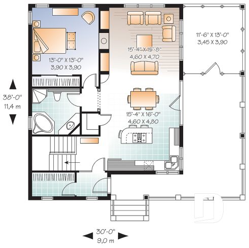 1st level - Country cottage waterfront house plan w/ covered screened-in porch, one bedroom, unfinished daylight basement - The Gallagher