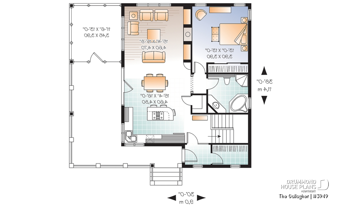 1st level - Country cottage waterfront house plan w/ covered screened-in porch, one bedroom, unfinished daylight basement - The Gallagher