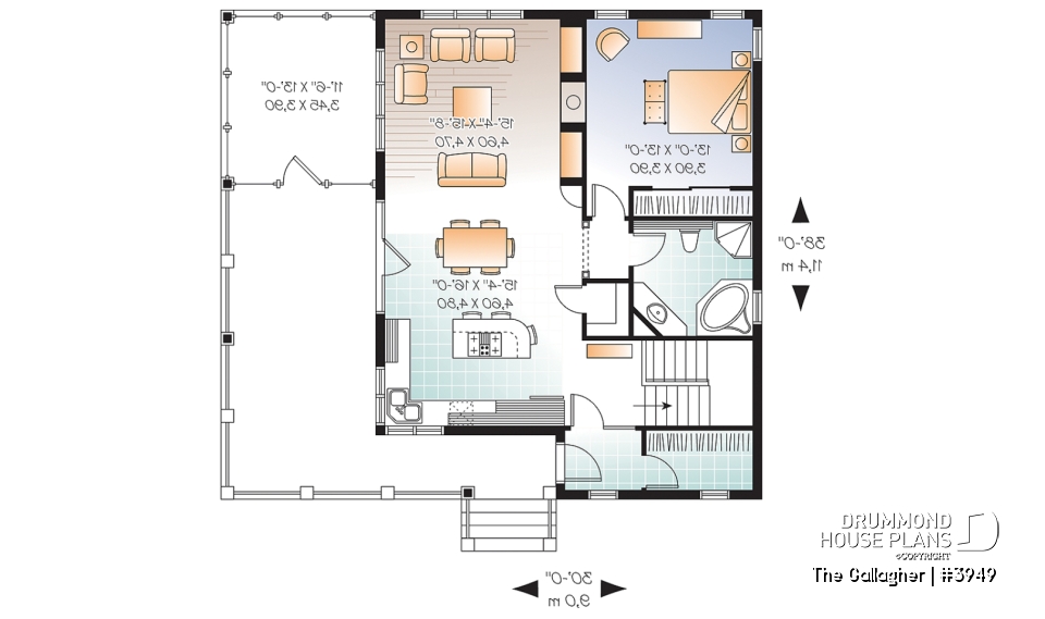 1st level - Country cottage waterfront house plan w/ covered screened-in porch, one bedroom, unfinished daylight basement - The Gallagher