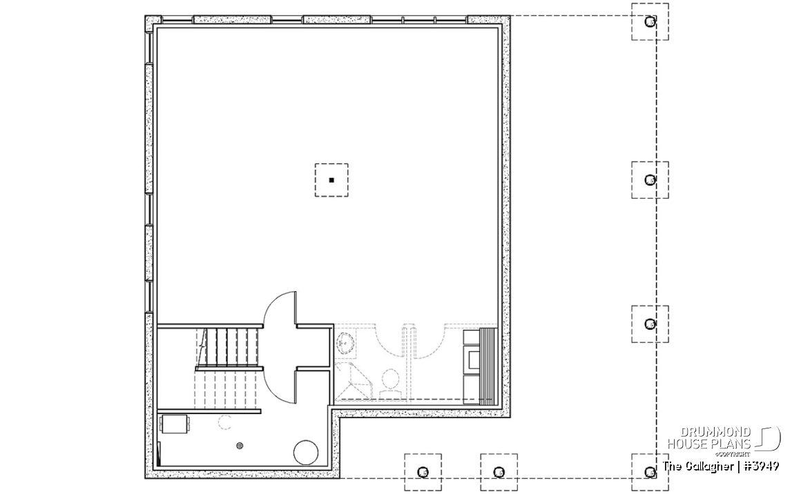 Basement - Country cottage waterfront house plan w/ covered screened-in porch, one bedroom, unfinished daylight basement - The Gallagher