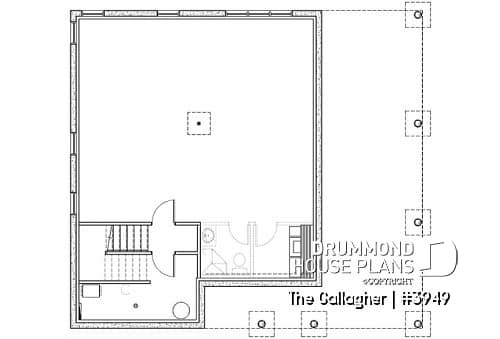 Basement - Country cottage waterfront house plan w/ covered screened-in porch, one bedroom, unfinished daylight basement - The Gallagher