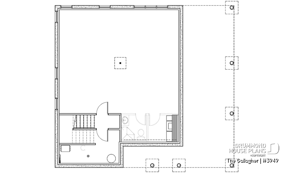 Basement - Country cottage waterfront house plan w/ covered screened-in porch, one bedroom, unfinished daylight basement - The Gallagher