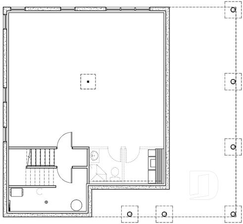 Basement - Country cottage waterfront house plan w/ covered screened-in porch, one bedroom, unfinished daylight basement - The Gallagher
