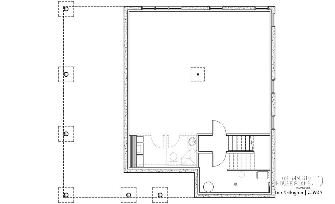 Basement - Country cottage waterfront house plan w/ covered screened-in porch, one bedroom, unfinished daylight basement - The Gallagher