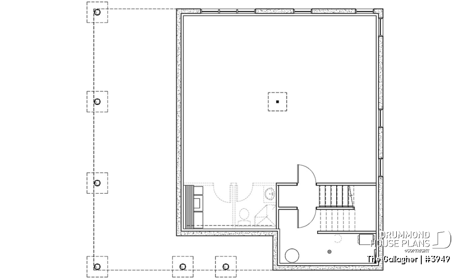 Basement - Country cottage waterfront house plan w/ covered screened-in porch, one bedroom, unfinished daylight basement - The Gallagher
