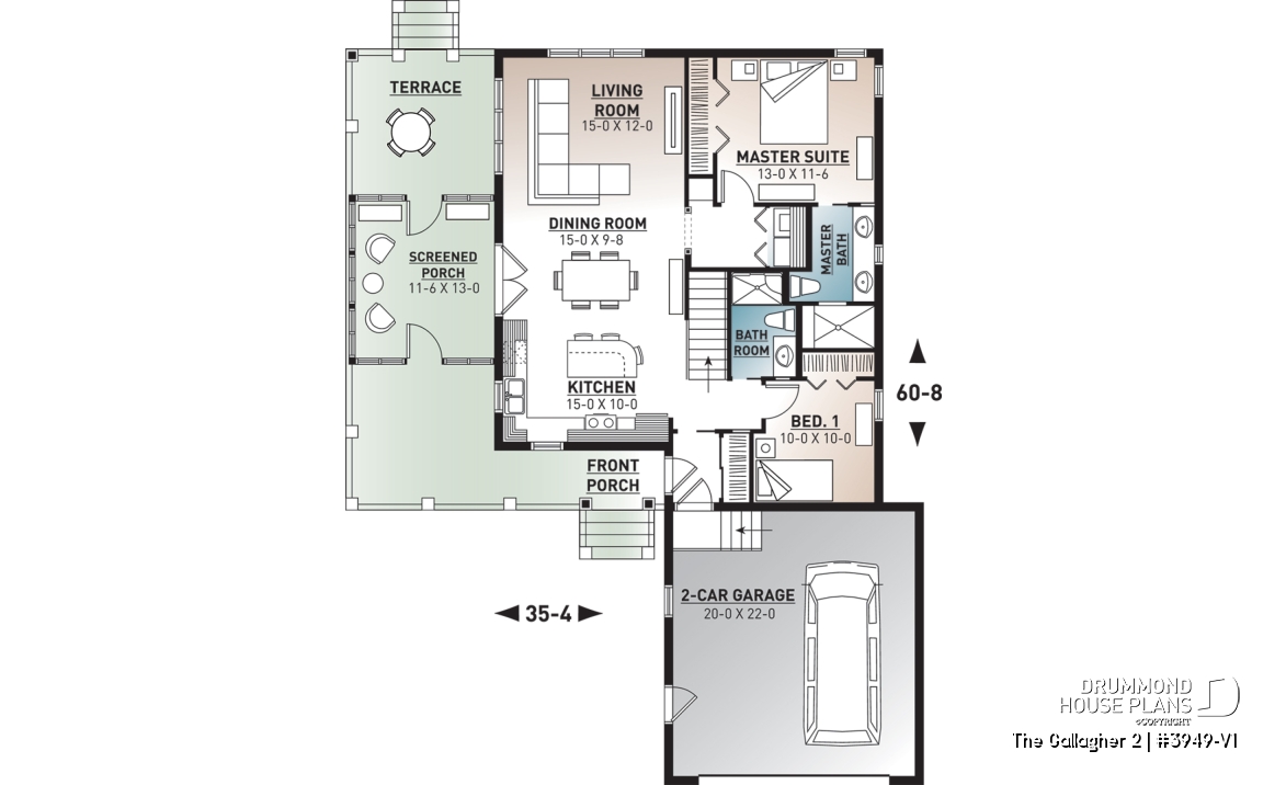 1st level - Superb country cottage house plan, 2 bedrooms, 2 bathrooms, 2-car garage, screened-in porch - The Gallagher 2