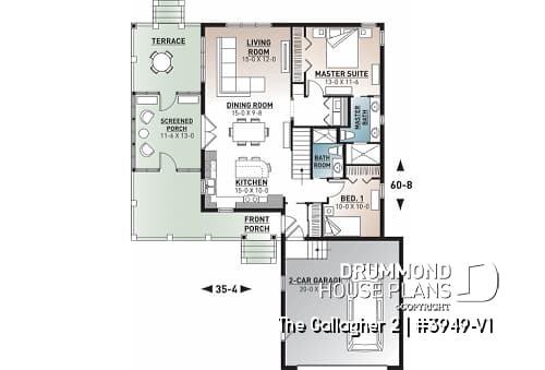 1st level - Superb country cottage house plan, 2 bedrooms, 2 bathrooms, 2-car garage, screened-in porch - The Gallagher 2