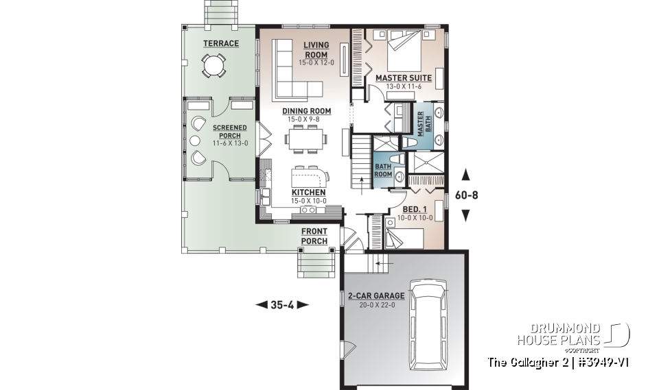 1st level - Superb country cottage house plan, 2 bedrooms, 2 bathrooms, 2-car garage, screened-in porch - The Gallagher 2