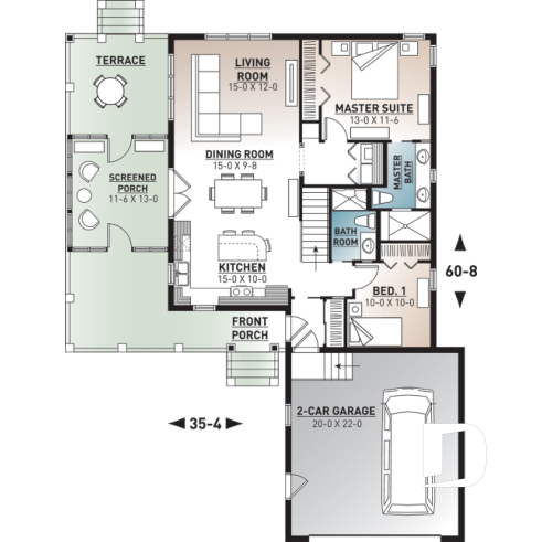 1st level - Superb country cottage house plan, 2 bedrooms, 2 bathrooms, 2-car garage, screened-in porch - The Gallagher 2