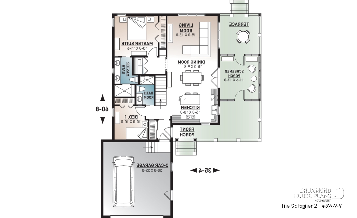 1st level - Superb country cottage house plan, 2 bedrooms, 2 bathrooms, 2-car garage, screened-in porch - The Gallagher 2