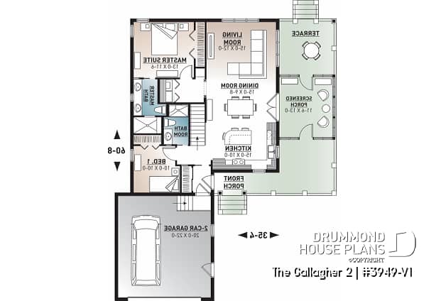 1st level - Superb country cottage house plan, 2 bedrooms, 2 bathrooms, 2-car garage, screened-in porch - The Gallagher 2