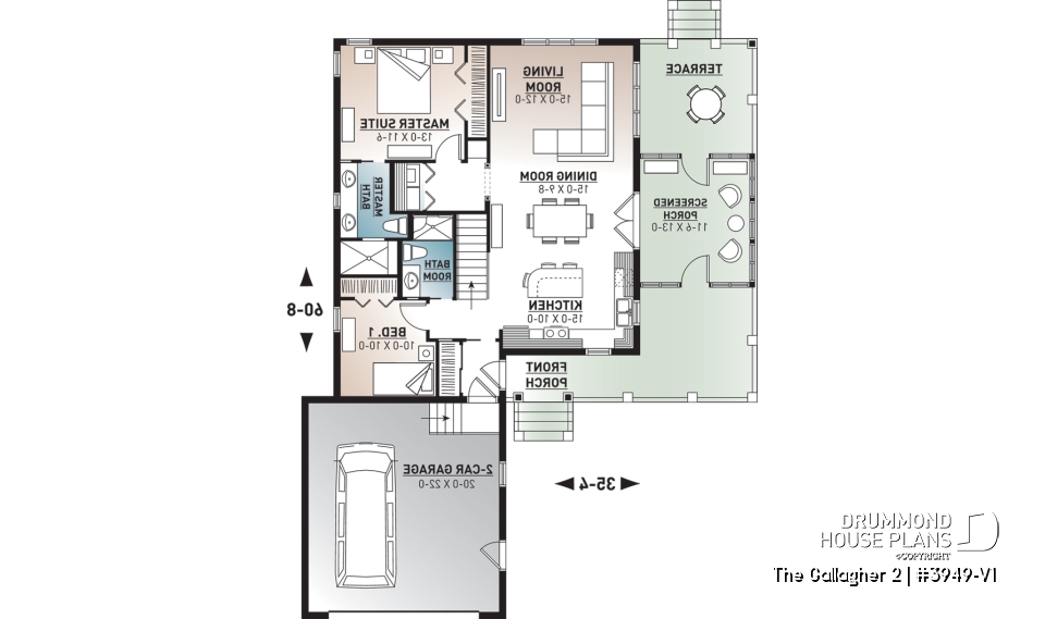 1st level - Superb country cottage house plan, 2 bedrooms, 2 bathrooms, 2-car garage, screened-in porch - The Gallagher 2