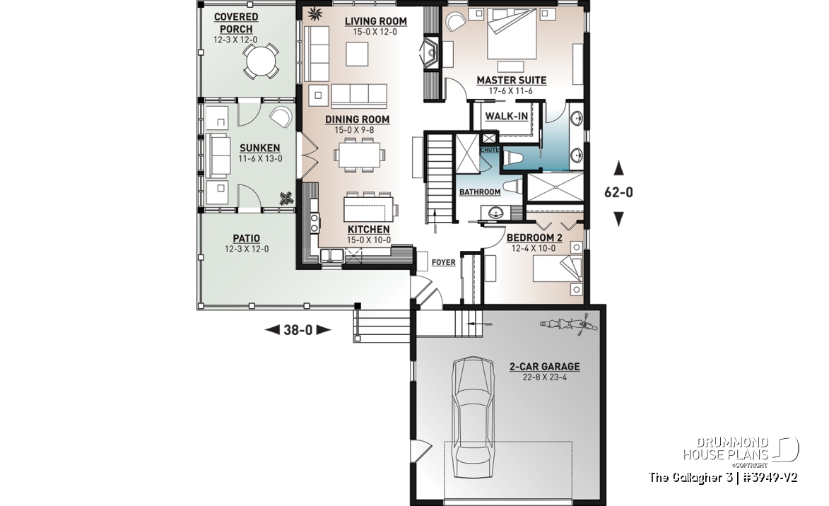 1st level - One-storey cottage home plan, finished walkout basement, master suite on main, screened-in porch + terrace - The Gallagher 3