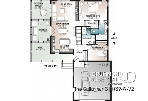 1st level - One-storey cottage home plan, finished walkout basement, master suite on main, screened-in porch + terrace - The Gallagher 3