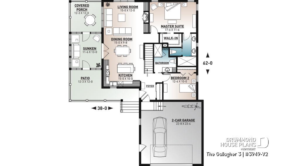 1st level - One-storey cottage home plan, finished walkout basement, master suite on main, screened-in porch + terrace - The Gallagher 3