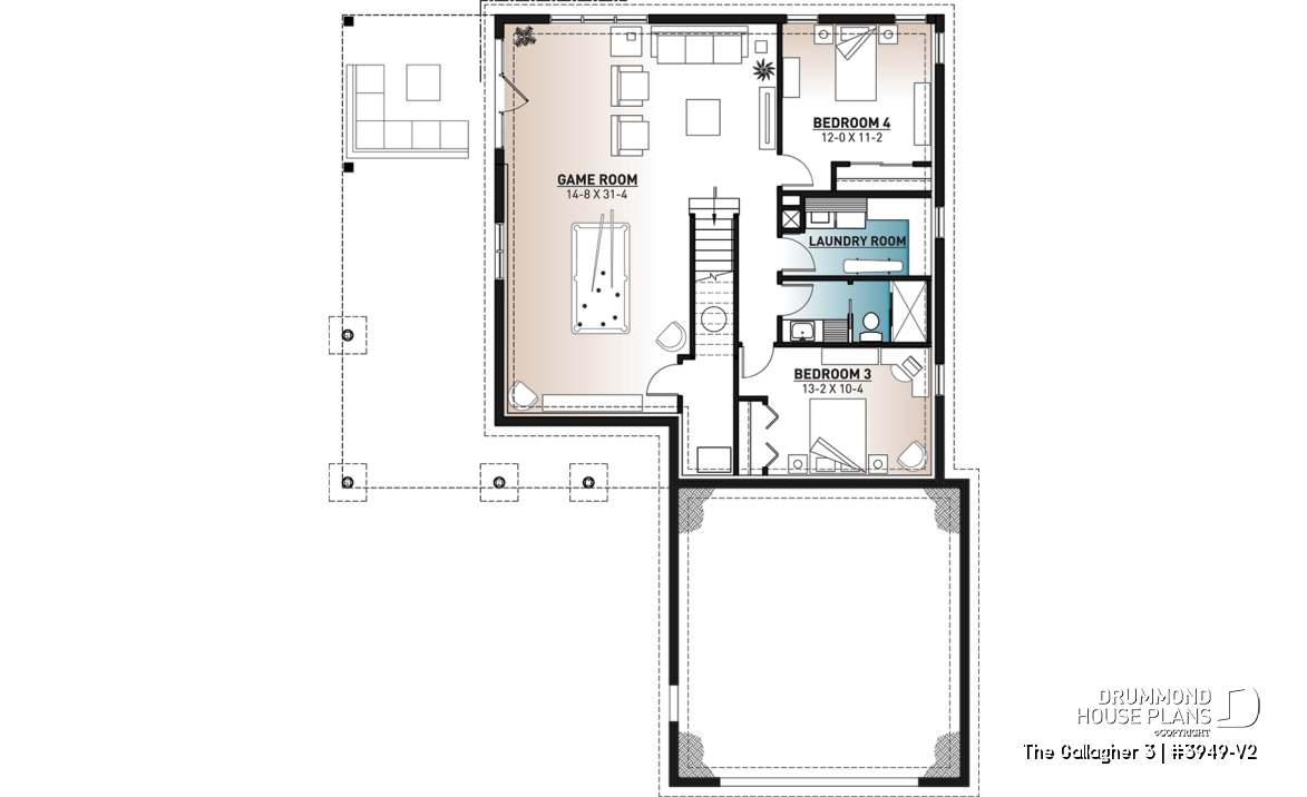Basement - One-storey cottage home plan, finished walkout basement, master suite on main, screened-in porch + terrace - The Gallagher 3