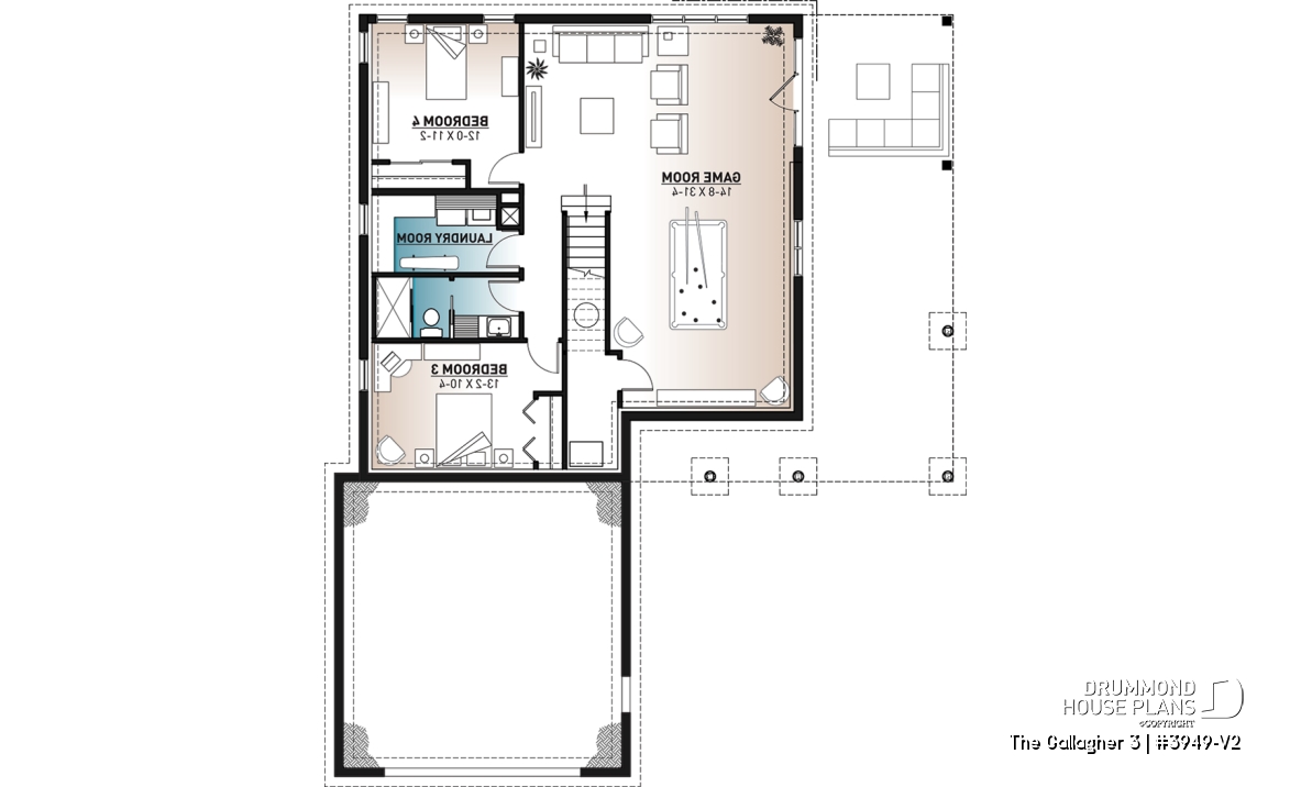 Basement - One-storey cottage home plan, finished walkout basement, master suite on main, screened-in porch + terrace - The Gallagher 3