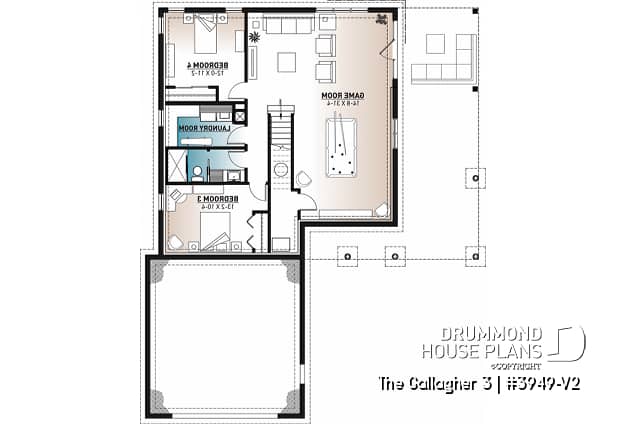 Basement - One-storey cottage home plan, finished walkout basement, master suite on main, screened-in porch + terrace - The Gallagher 3