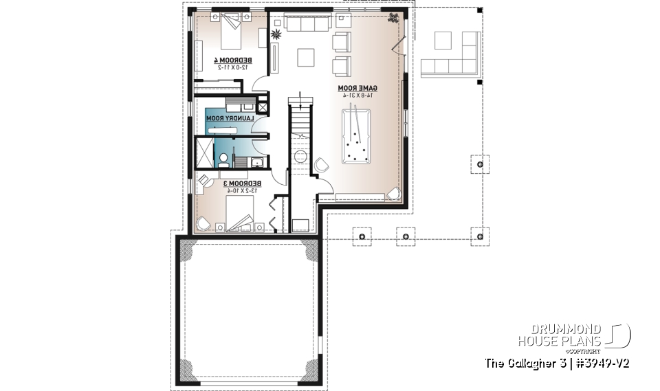 Basement - One-storey cottage home plan, finished walkout basement, master suite on main, screened-in porch + terrace - The Gallagher 3