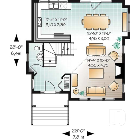 1st level - Panoramic scandinavian cottage, 1 à 3 bedroom ski chalet house plan with mezzanine - Southridge