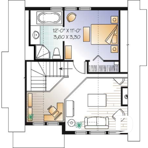 2nd level - Panoramic scandinavian cottage, 1 à 3 bedroom ski chalet house plan with mezzanine - Southridge