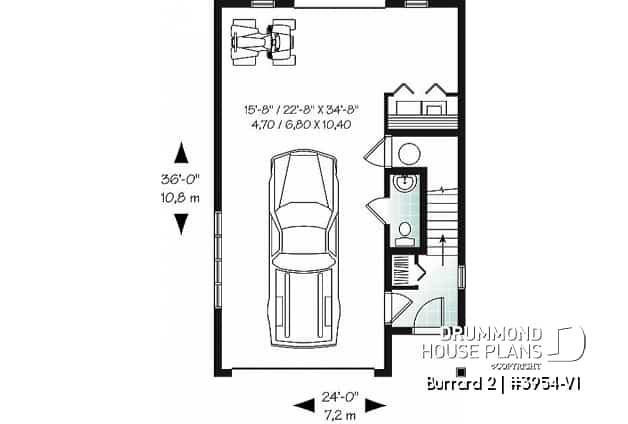 1st level - One-car garage apartement plan, workshop space, 2 bedrooms, cathedral ceiling on second floor - Burrard 2