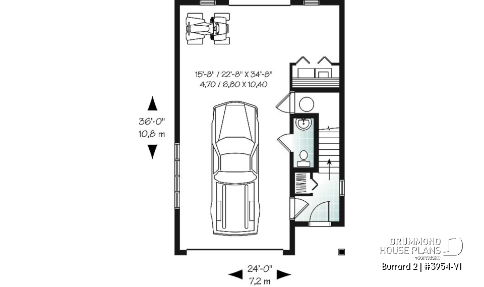 1st level - One-car garage apartement plan, workshop space, 2 bedrooms, cathedral ceiling on second floor - Burrard 2