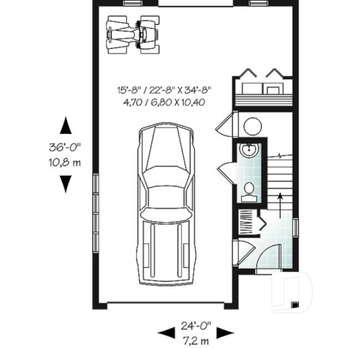 1st level - One-car garage apartement plan, workshop space, 2 bedrooms, cathedral ceiling on second floor - Burrard 2