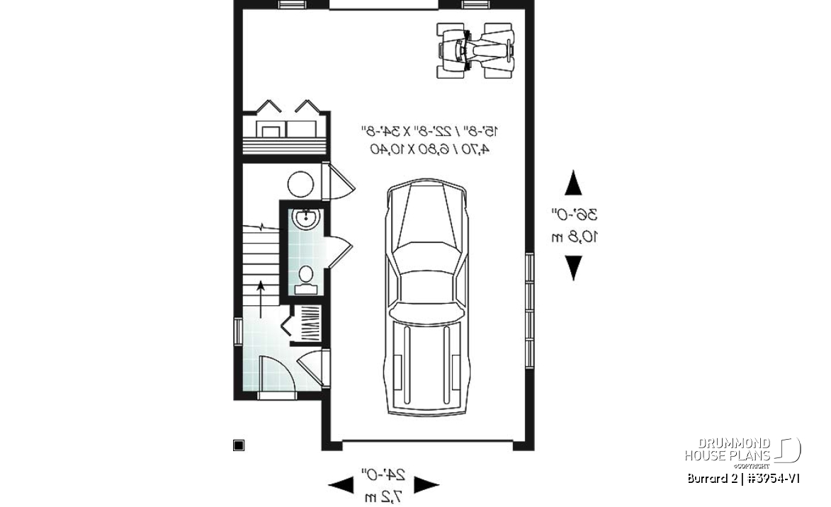 1st level - One-car garage apartement plan, workshop space, 2 bedrooms, cathedral ceiling on second floor - Burrard 2