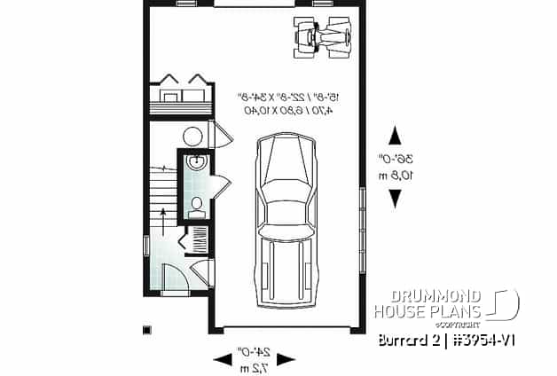 1st level - One-car garage apartement plan, workshop space, 2 bedrooms, cathedral ceiling on second floor - Burrard 2