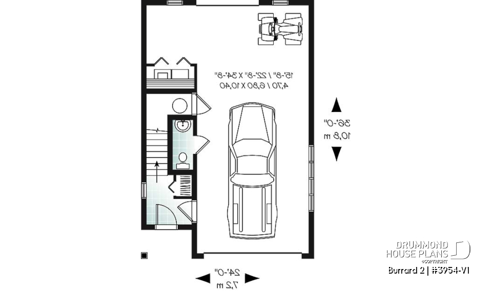 1st level - One-car garage apartement plan, workshop space, 2 bedrooms, cathedral ceiling on second floor - Burrard 2